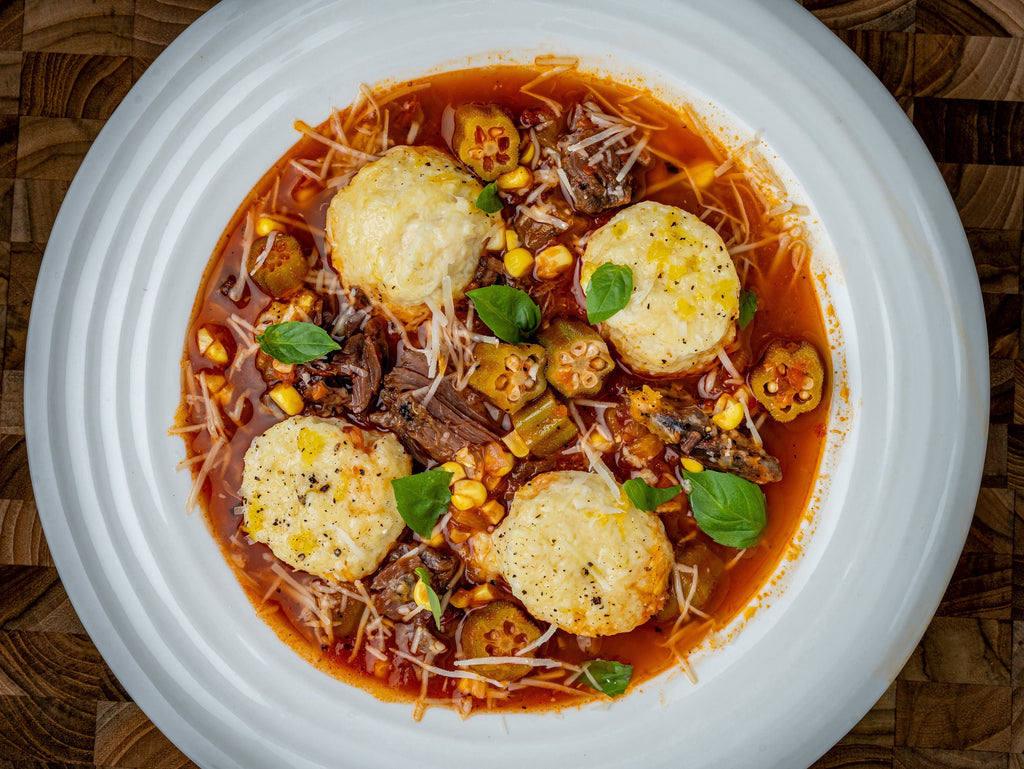 Venison & Tomato Okra Stew with Ricotta Gnudi